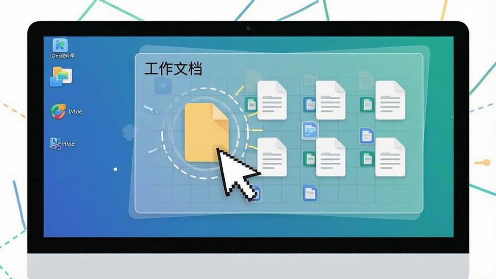 一张动态操作示意图风格的图片,主体是一个电脑桌面屏幕,鼠标指针正在拖拽一个文件图标进入一个名为“工作文档”的透明网格分区中,分区内已有数个排列整齐的文档文件图标,画面布局清晰,排版直观,风格扁平化,细节展示拖拽吸附的瞬间,画质干净,无多余元素,强调iDesk助手的智能归类能力。
