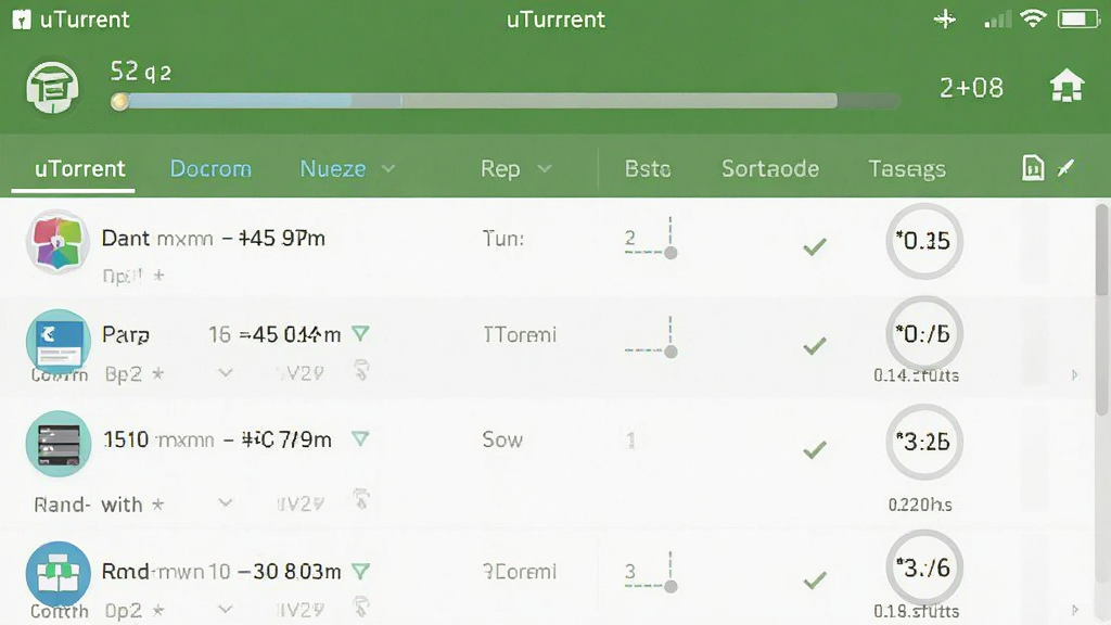 uTorrent在手机端运行的截图,背景为下载列表,顶部显示速度,界面简洁,绿色主题,风格扁平,画质干净