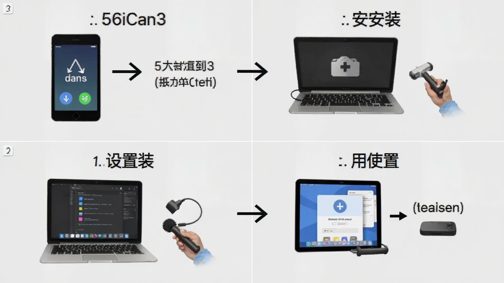 一张展示56iCan3使用教程的步骤截图,画面分为四格,分别展示下载、安装、设置、使用四个步骤,配以简单箭头指引,背景为浅灰色,画质干净,无多余元素