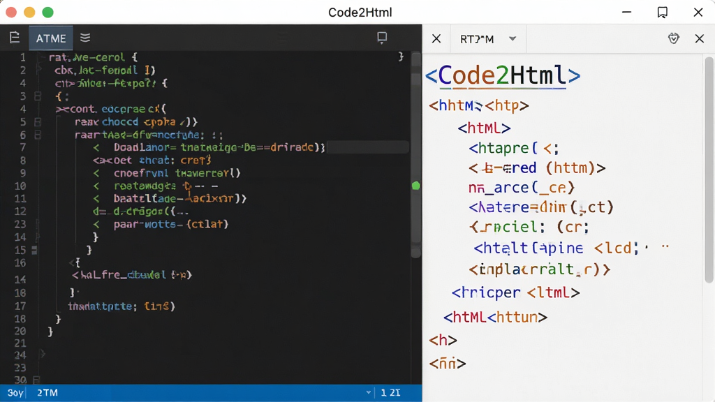 主体为Code2Html软件界面截图,展示代码编辑区与实时预览区并排布局,左侧是深色背景的代码输入框,右侧是浅色背景的HTML输出效果,排版清晰,风格简洁现代,细节包含语法高亮色彩(蓝、绿、橙),画质高清干净,无多余元素,屏幕中显示“Code2Html”字样