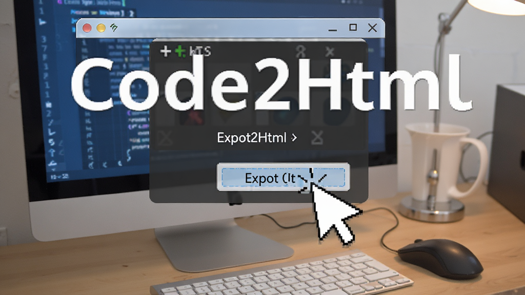 主体为Code2Html软件在电脑上的操作场景,布局为桌面窗口截图,排版清晰,风格写实,细节显示鼠标点击导出按钮,画质高清干净,无多余元素,屏幕中显示“Code2Html”字样