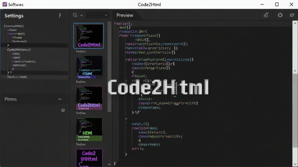 主体为Code2Html软件的主题设置界面,布局为设置面板与代码预览区,排版简洁,风格清新,细节展示多种高亮主题缩略图,画质高清干净,无多余元素,屏幕中显示“Code2Html”字样