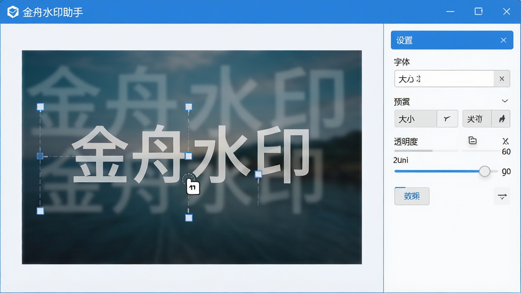 主体:金舟水印助手添加水印界面,显示一张图片,中央有半透明的“金舟水印”文字水印,可拖动调整位置。布局:预览区占主导,右侧有属性设置面板(字体、大小、透明度)。排版:左右结构,左侧预览,右侧控制区。风格:清爽简洁,颜色以蓝白为主。细节:水印文字可实时预览,设置面板功能清晰。画质:高清,干净,无多余元素。