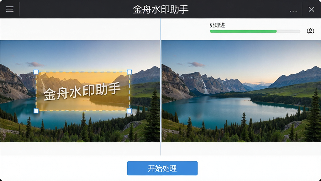 主体:金舟水印助手正在处理一张带水印的风景图片,水印被矩形框选中,右侧显示处理进度条。布局:左侧原图,右侧处理后的效果图,形成对比。排版:上下排列,顶部有“金舟水印助手”字样,底部有“开始处理”按钮。风格:写实风格,界面清晰。细节:水印区域高亮显示,处理后的图片干净无水印,色彩自然。画质:高清,干净,无多余元素。
