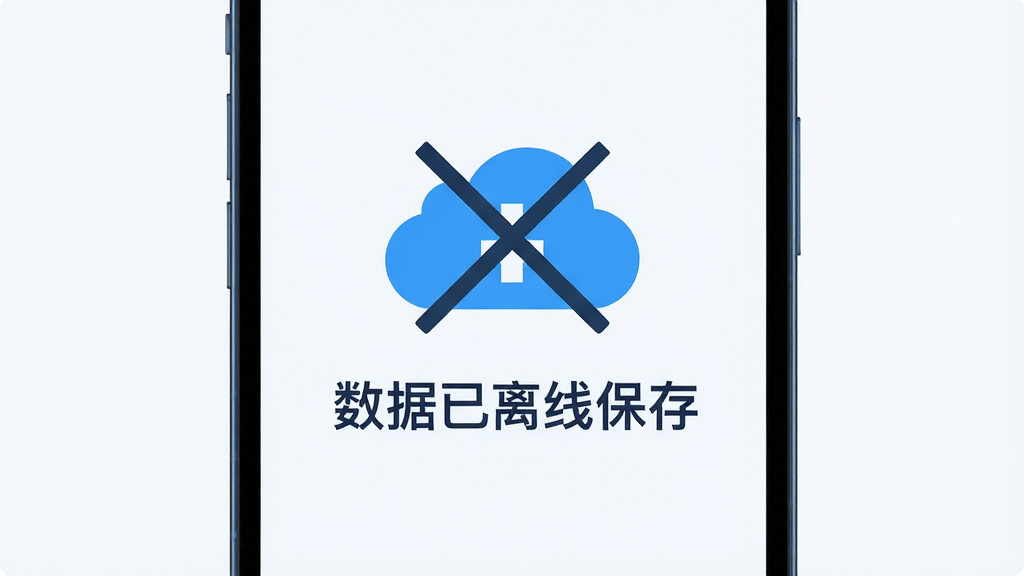 主体:手机屏幕显示“数据已离线保存”的提示,背景是云朵被划掉的图标。布局:提示居中,背景简洁。排版:文字清晰,图标醒目。风格:极简风格,蓝色调。细节:云朵图标有斜杠,寓意禁止上传。画质:高清,干净,无多余元素