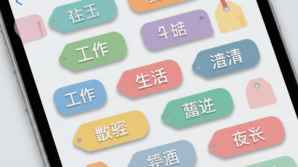 主体:秘密日记本应用内的标签分类界面,展示多个彩色标签。布局:界面以网格形式排列标签,中央突出显示。排版:标签名称清晰可见,有“工作”、“生活”等字样。风格:扁平化设计,色彩柔和。细节:标签有阴影效果,背景为浅灰色。画质:高清,干净,无多余元素
