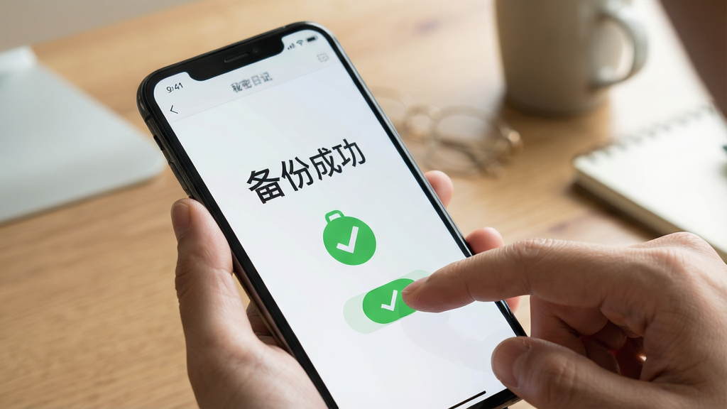 主体:一个人正在手机上操作秘密日记本应用,屏幕显示“备份成功”。布局:手机屏幕特写,背景为桌面。排版:提示文字清晰。风格:写实风格。细节:手指点击备份按钮,屏幕有绿色对勾。画质:高清,干净,无多余元素