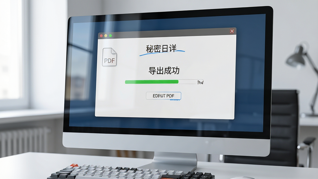 主体:一张电脑屏幕显示秘密日记本的导出界面,正在生成PDF文件。布局:电脑屏幕居中,导出进度条显示。排版:界面有“导出成功”字样。风格:写实风格,办公场景。细节:屏幕反光,键盘可见。画质:高清,干净,无多余元素