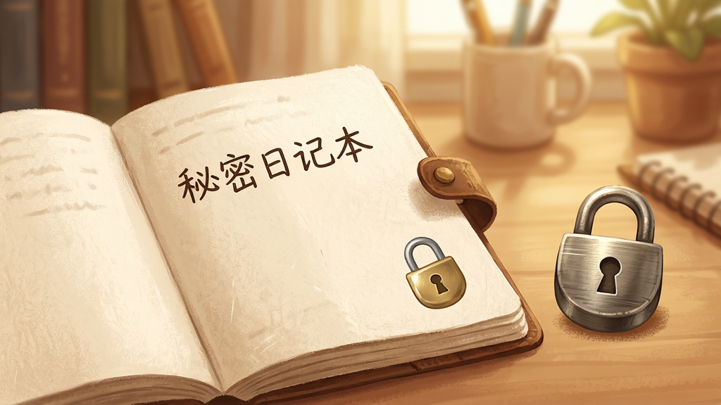 主体:一本打开的日记本,旁边有一个锁的图标,背景是温馨的书桌场景。布局:日记本在画面中央偏左,锁在右侧,背景虚化。排版:简洁干净,日记本页面有“秘密日记本”字样。风格:插画风,温馨治愈。细节:日记本纸张纹理清晰,锁的金属质感真实。画质:高清,干净,无多余元素