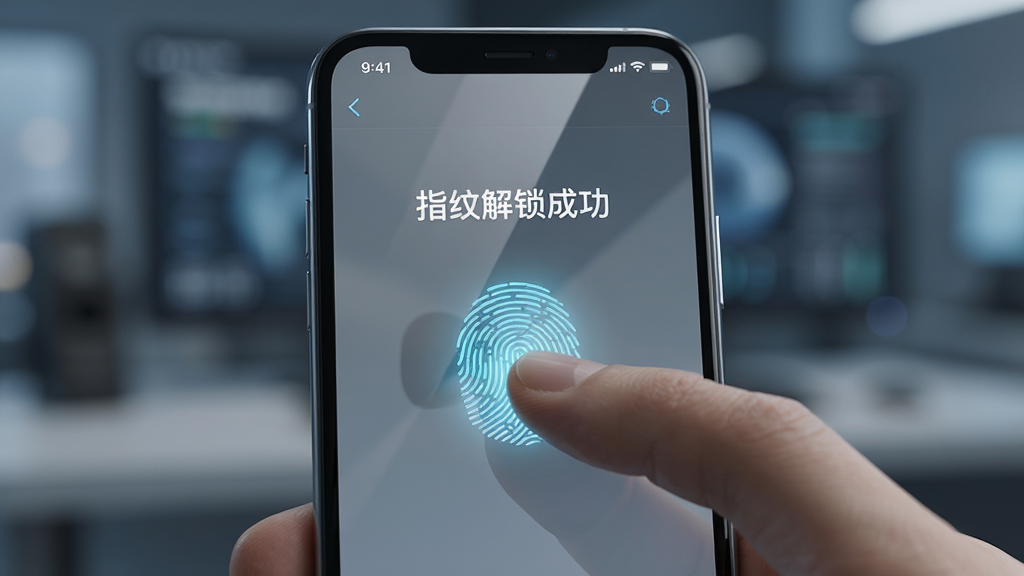 主体:一只手正在用指纹解锁手机上的秘密日记本应用。布局:手机居中,手指特写,背景模糊。排版:应用界面显示“指纹解锁成功”字样。风格:写实风格,科技感。细节:指纹识别区域发光,屏幕反光真实。画质:高清,干净,无多余元素