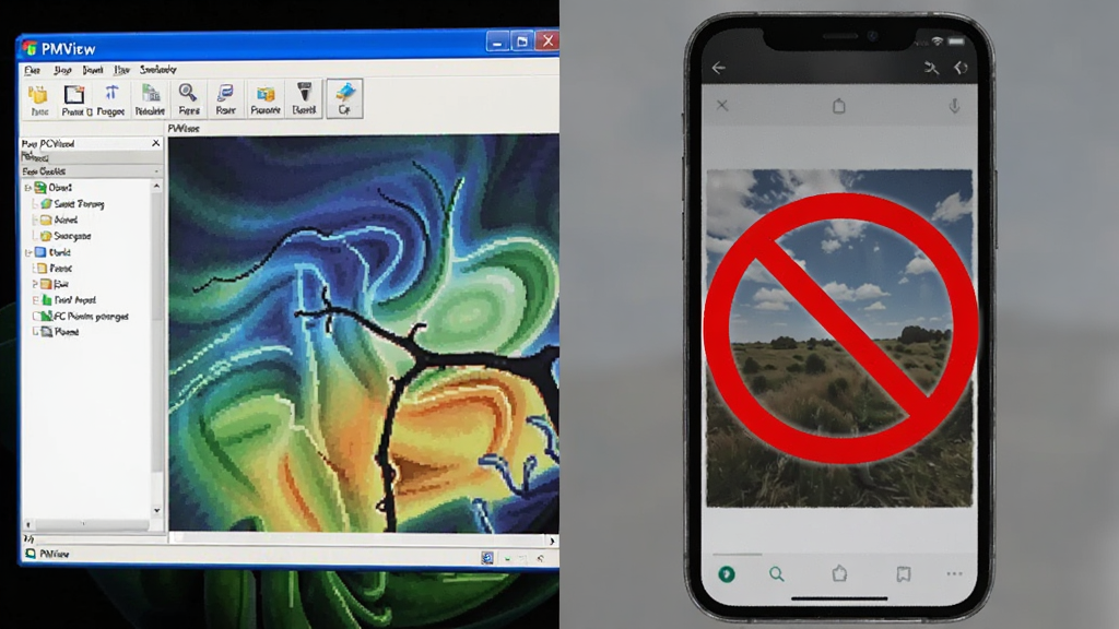 一个分屏对比示意图,左侧是PMView软件在Windows电脑上运行的界面截图,右侧是手机屏幕显示图片的界面,但手机屏幕上有一个禁止符号,表示不支持移动端。整体构图清晰,左侧色彩丰富,右侧灰暗,突出PC端与移动端的区别。画质清晰,无多余元素。