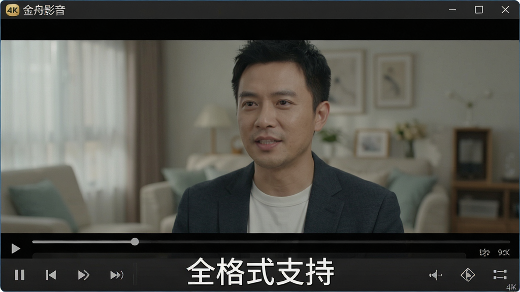 一张展示“金舟影音”播放器界面播放4K高清视频的截图,画面中视频画面清晰细腻,播放器控制栏简洁,下方标注“全格式支持”字样,整体风格写实,细节丰富,画质干净