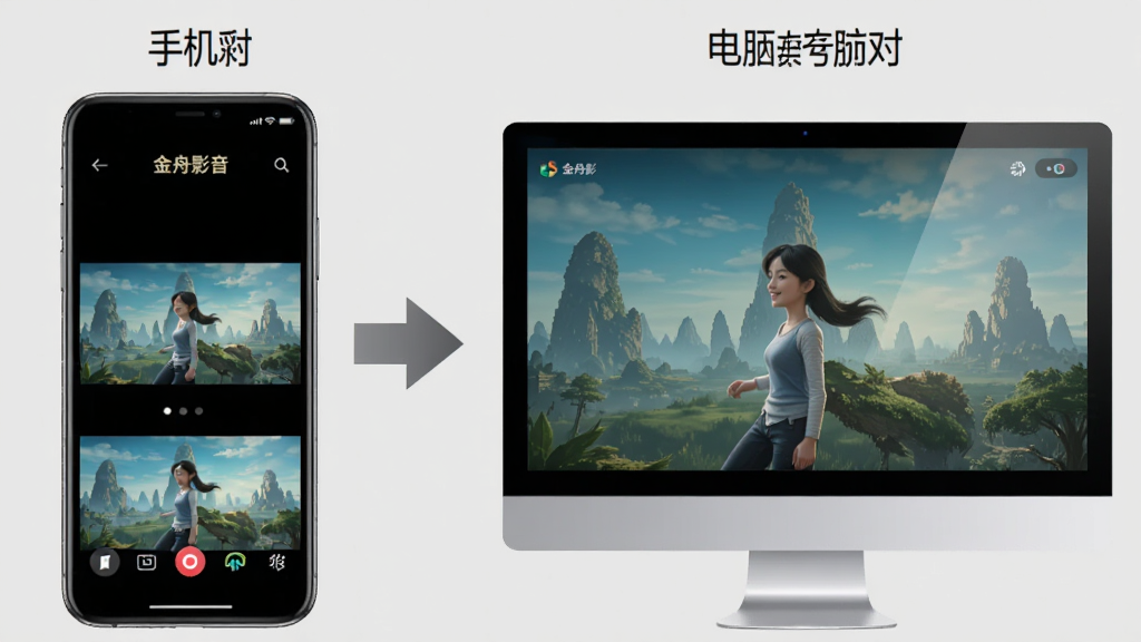 展示“金舟影音”在手机与电脑上的不同界面对比,左侧为手机竖屏播放,右侧为电脑横屏播放,中间用箭头连接,背景为浅灰色,整体风格写实,界面清晰,画质干净