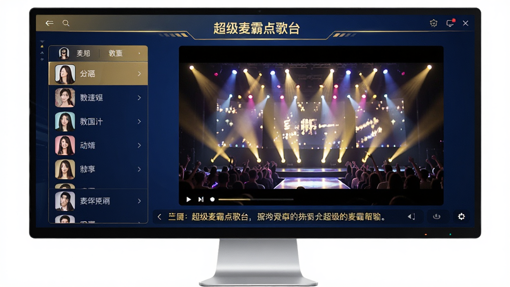 一副现代简约风格的宽屏电脑显示器正运行着“超级麦霸点歌台”软件界面,界面以深蓝色和金色为主色调,左侧显示歌手列表,中间是高清MV播放画面,舞台灯光效果璀璨,下方是歌词滚动字幕,画面整体明亮清晰,科技感与娱乐氛围融合,布局规整,画质高清干净,无多余元素