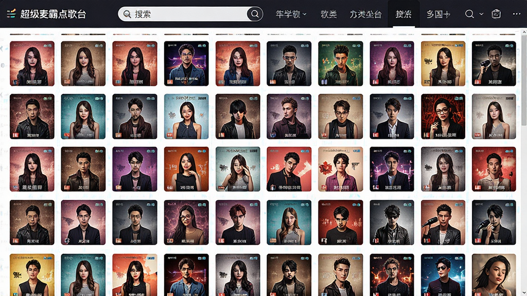 一张“超级麦霸点歌台”软件曲库界面的高清截图,界面采用瀑布流布局,显示数百张歌曲封面缩略图,封面色彩鲜艳,风格各异,屏幕上方有搜索框和分类导航栏,整体排版整齐有序,科技感UI设计,画质细腻,干净无多余元素