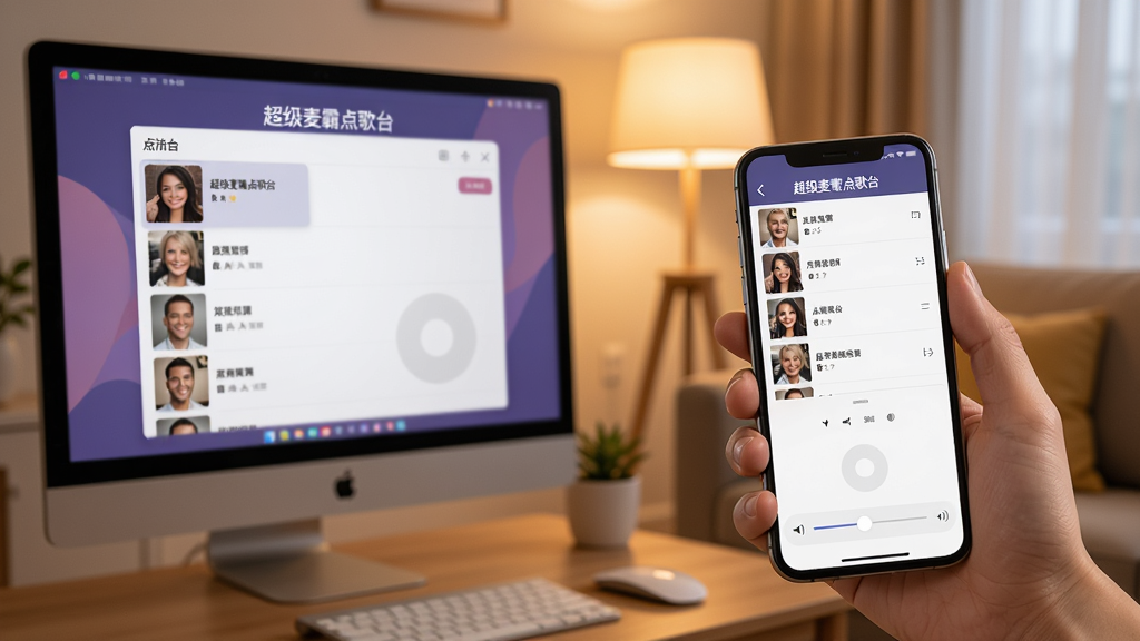 一张展示“超级麦霸点歌台”手机遥控功能的实拍图,画面左侧是一台运行软件的电脑屏幕,右侧是一只拿着智能手机的手,手机屏幕显示着点歌遥控界面,界面有歌曲列表和音量调节滑块,背景是温馨的家庭客厅场景,灯光柔和,画面构图和谐,干净清晰