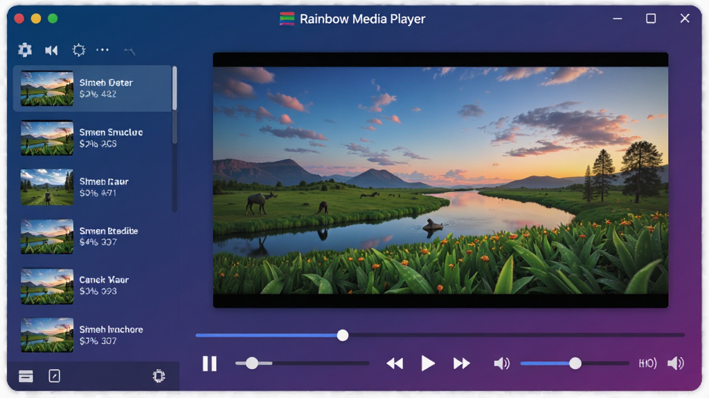 一幅展示视彩听虹(Rainbow Media Player)主界面的高清数字插画,画面中央是播放器窗口正播放一部色彩绚丽的自然风光纪录片,界面下方有播放控制条和音量调节滑块,左侧是视频文件列表,整体布局简洁现代,色调以深蓝和紫色渐变为主,细节丰富,画质清晰,干净无多余元素