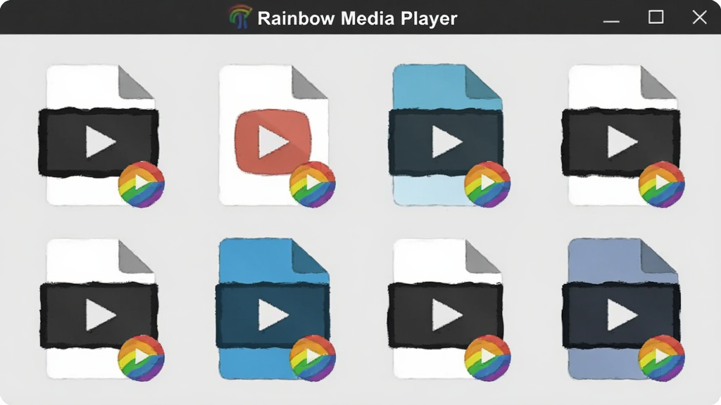 一张展示视彩听虹(Rainbow Media Player)文件关联界面的截图风格插画,画面中多个视频文件图标整齐排列,每个图标右下角带有彩虹色播放标记,背景为浅灰色,简洁明了,突显其万能格式支持特性,画质干净,无多余元素
