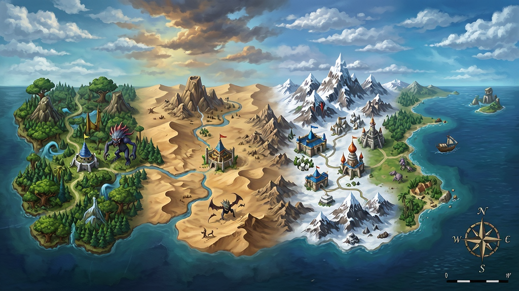 主体:风之国世界无缝大地图全景,包含森林、沙漠、雪山、海洋;布局:从左到右依次展示不同地貌;排版:横向长图,地貌过渡自然;风格:魔幻写实,色调丰富;细节:每个区域有标志性建筑或怪物,天空有云层变化;画质:高清细腻,干净无多余元素