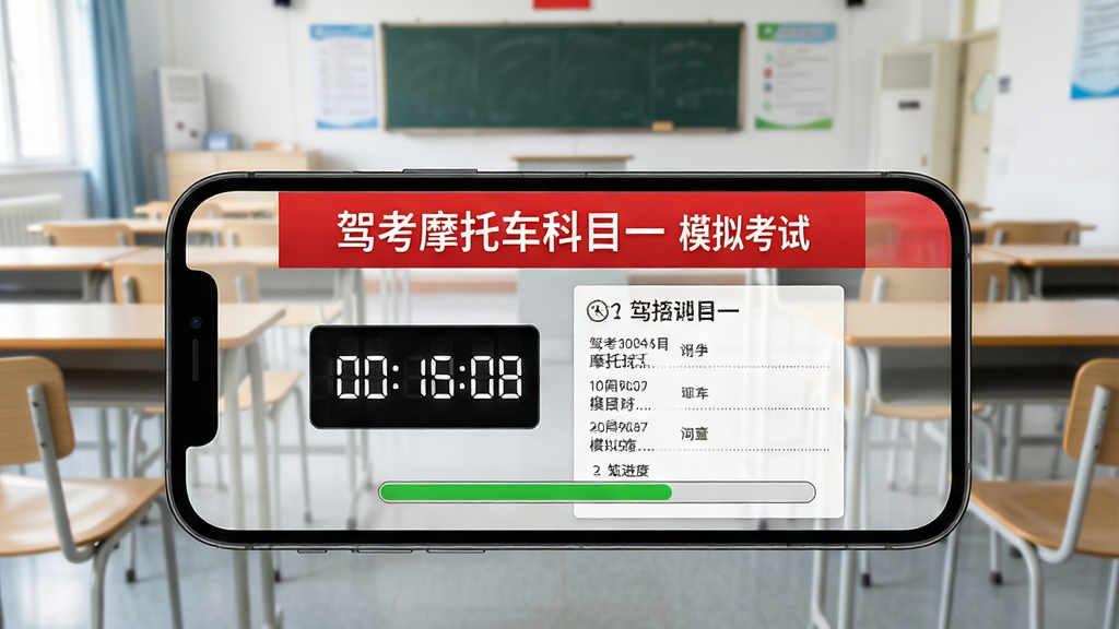 模拟考试场景,手机横屏显示计时器与答题卡,顶部红色横幅写着“驾考摩托车科目一 模拟考试”,背景是简洁的考场环境,桌椅排列整齐,布局规整,排版清晰,风格写实,细节包括计时数字和答题进度条,画质干净明亮,无多余元素