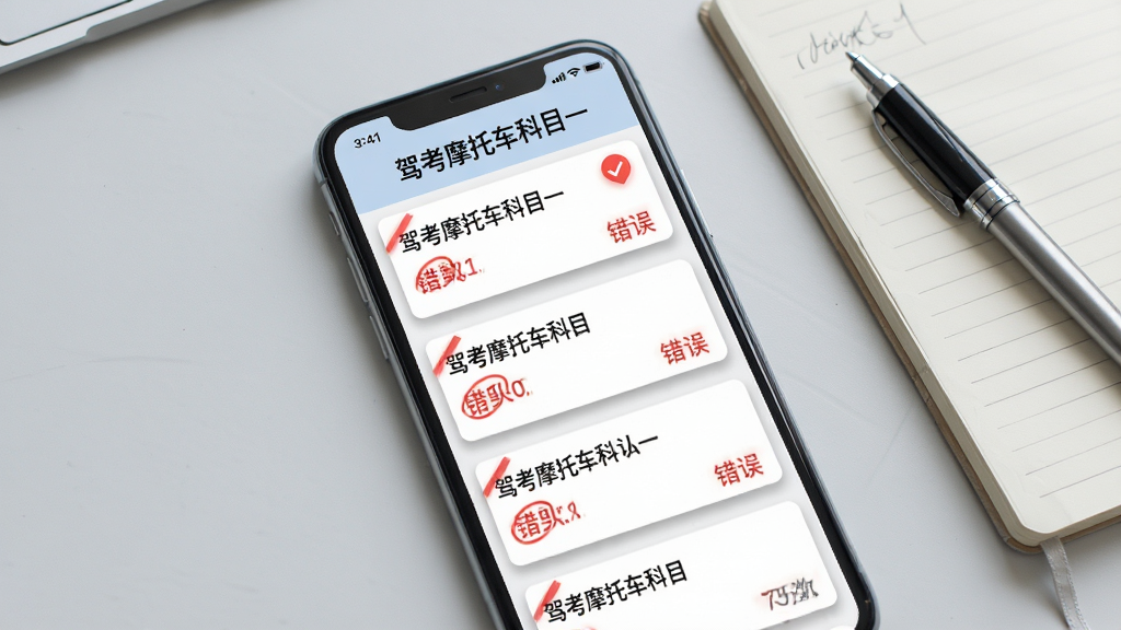 手机屏幕展示“驾考摩托车科目一”错题本界面,列表中有红色标记的错题卡片,每张卡片显示题目和错误次数,背景为浅灰色桌面,旁边放有笔记本和笔,布局简洁,排版有序,风格清新,细节包括卡片阴影和文字,画质高清,无多余元素