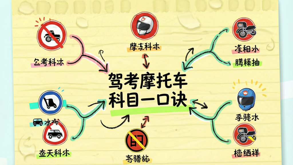 口诀记忆页面,手机竖屏显示彩色思维导图,中心写着“驾考摩托车科目一口诀”,周围分布交通标志图标和简短文字,背景为淡黄色便签纸纹理,布局活泼,排版紧凑,风格卡通可爱,细节包括手绘箭头和荧光笔标记,画质干净,无多余元素