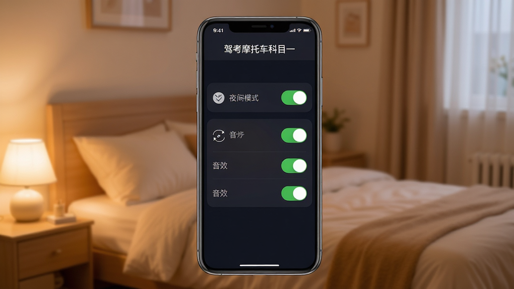 手机竖屏显示“驾考摩托车科目一”设置页面,屏幕上有夜间模式、音效开关等选项,背景为温馨的卧室环境,布局简洁,排版清晰,风格柔和,细节包括开关按钮的绿色状态,画质干净,无多余元素