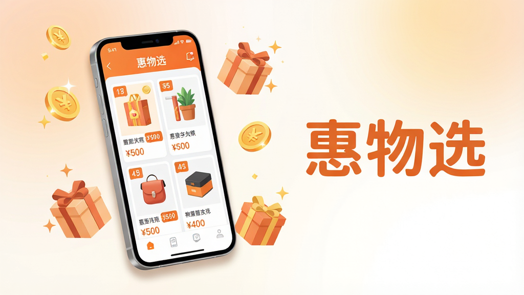 主体:一部亮着屏幕的智能手机,屏幕上显示“惠物选”APP界面,界面中有多款商品图片和价格标签,手机周围漂浮着金币和礼盒元素,背景是柔和的渐变色。布局:手机居中偏左,右侧留白处配以“惠物选”文字标题,整体左右平衡。排版:手机屏幕内容清晰可见,文字与商品图错落有致,标题字体圆润醒目。风格:现代扁平化插画风格,色彩明快,以橙色和白色为主色调。细节:商品图片清晰,价格标签醒目,金币和礼盒带闪光效果,手机有轻微投影。画质:高清渲染,干净,无多余元素。