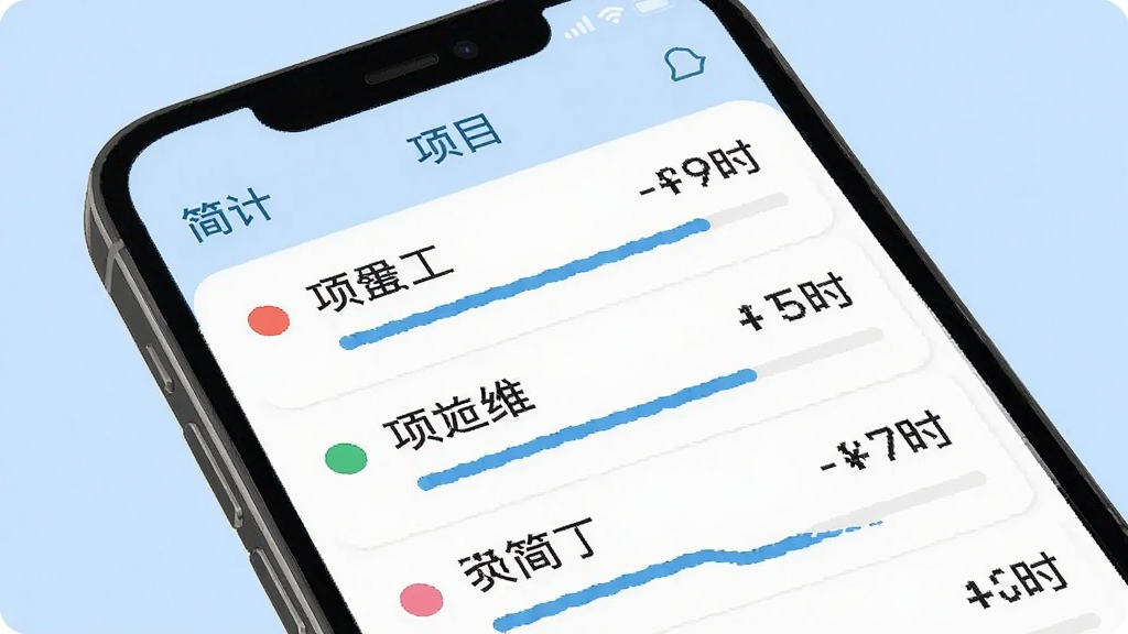 展示“简计”应用多项目分类管理功能,主体为手机屏幕上的项目列表,每个项目左侧带彩色圆点标签,右侧显示累计工时数字,背景为纯色浅蓝,排版为列表式,风格清爽,细节包括项目名称和进度条,画质高清干净,无多余元素