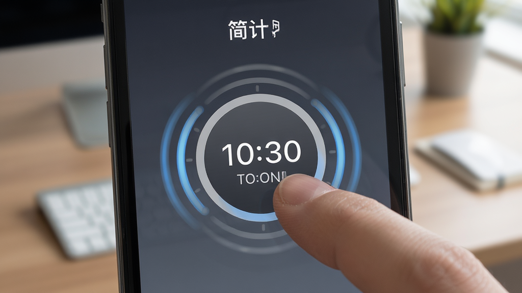 展示“简计”应用一键计时功能的特写,主体为手指点击手机屏幕上的圆形计时按钮,背景为模糊的办公桌面,布局居中突出按钮,风格写实,细节包括按钮周围的波纹动效和计时数字变化,画质清晰干净,无多余元素