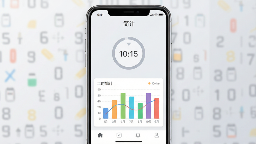 一幅现代扁平化风格的应用预览图,主体为手机屏幕界面展示,屏幕中央显示“简计”应用主界面,包含圆形计时按钮和彩色工时统计图表,背景为浅灰色渐变,排版居中,风格简洁明亮,细节包括顶部状态栏和底部导航栏,画质高清干净,无多余元素