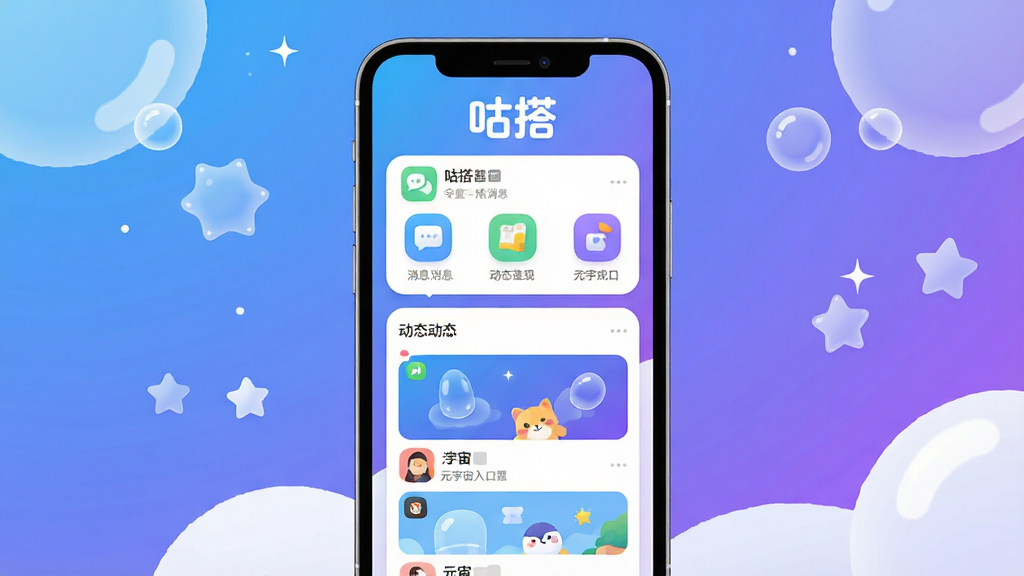 画面主体为一部智能手机屏幕显示“咕搭”应用主界面,界面风格清新活泼,顶部有“咕搭”字样Logo,下方分布着消息列表、动态瀑布流、元宇宙入口等模块图标;背景为渐变蓝色与紫色,点缀白色气泡和星星元素;整体布局居中对称,排版简洁明了,采用扁平化插画风格,细节圆润饱满,画质高清干净,无多余元素。