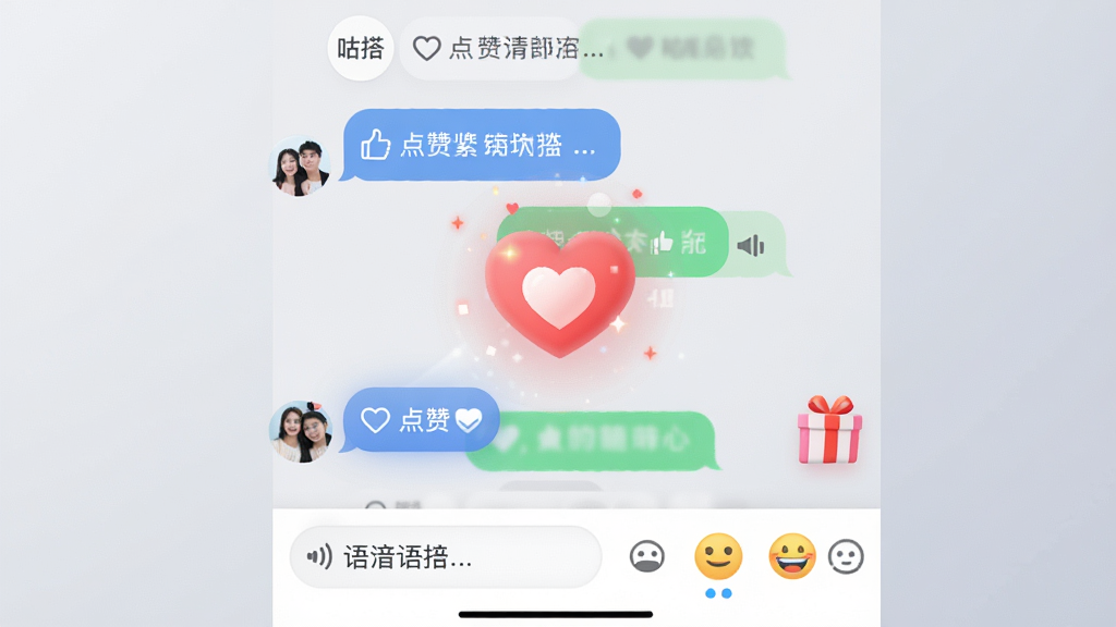 图片主体为“咕搭”应用中的互动界面截图展示,包含聊天气泡、点赞按钮、礼物图标等元素,界面下方有语音输入和表情选择栏;背景为柔和的浅灰色渐变,中央突出显示一个心形点赞动画;整体布局清晰,排版错落有致,风格清新简约,细节精致,画质干净高清,无多余元素。