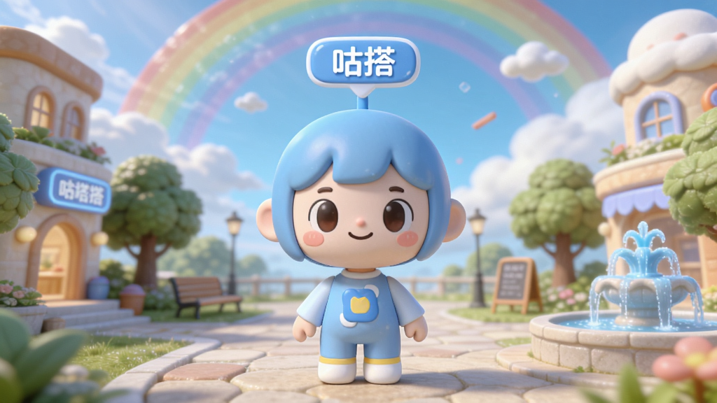 画面主体为“咕搭”元宇宙虚拟社区场景,中央是一个可爱的3D卡通虚拟角色,周围环绕虚拟建筑、树木、喷泉等元素,远处有彩虹和云朵;角色头顶显示“咕搭”名称标签;整体布局透视感强,排版层次分明,风格Q版梦幻,色彩明亮,细节丰富,画质细腻干净,无多余元素。