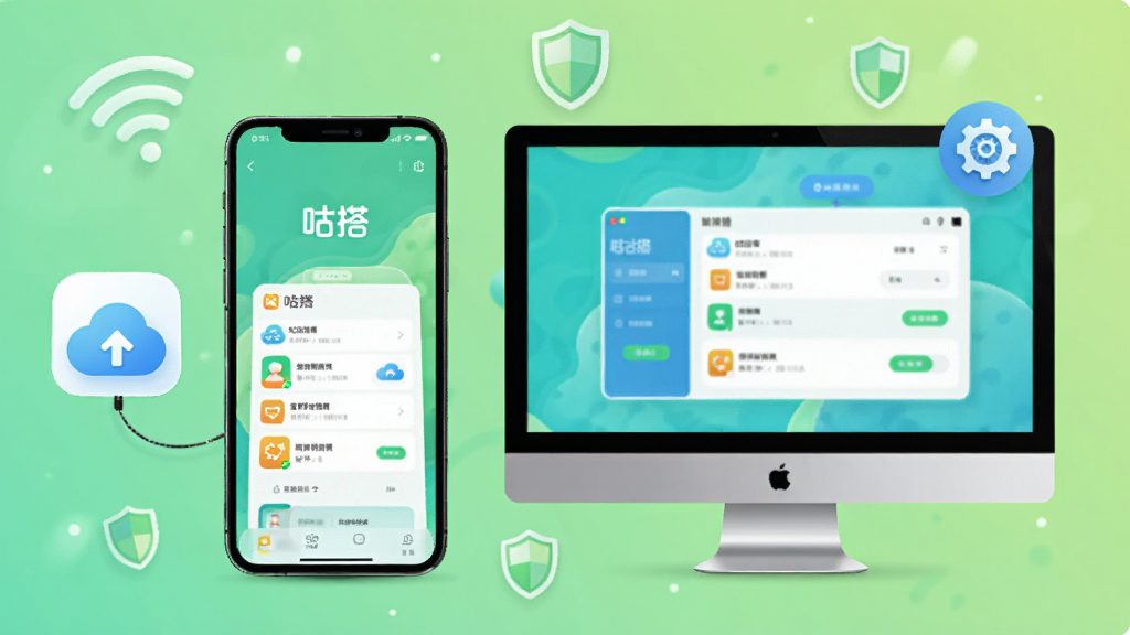 图片主体为一部手机和一台电脑并排摆放,屏幕上都显示“咕搭”应用界面,手机旁边有云备份图标,电脑上有设置齿轮图标;背景为浅绿色渐变,点缀无线网络和盾牌符号;整体布局平衡,排版整洁,风格写实与插画结合,细节清晰,画质干净,无多余元素。