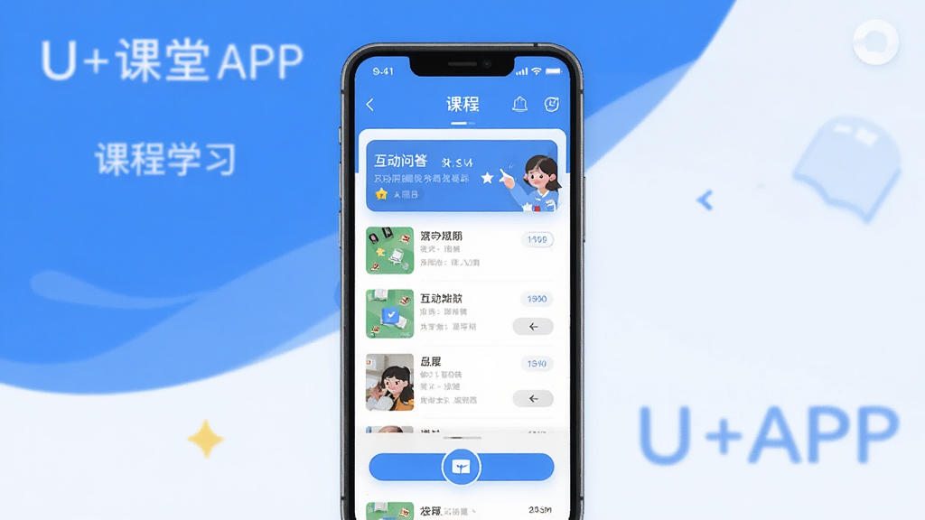 一幅展示U+课堂APP界面的高清宣传图,画面中央是手机屏幕,屏幕内显示课程列表与互动问答界面,整体风格清新明亮,采用扁平化设计,布局简洁,突出学习氛围,色彩以蓝色和白色为主,细节丰富,画质干净,无多余元素