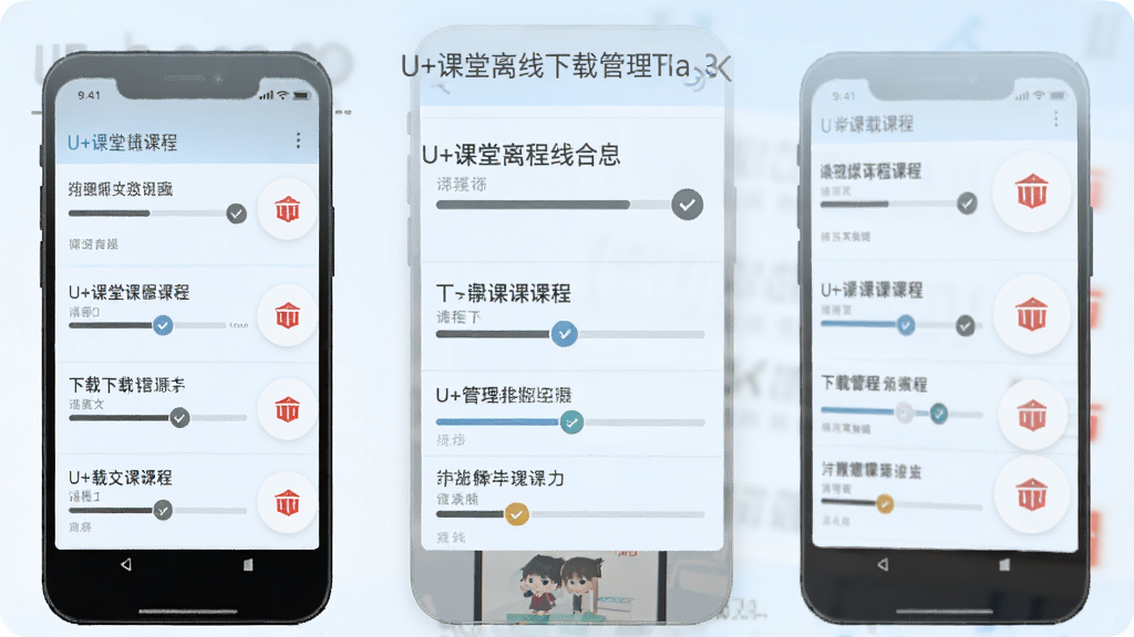 展示U+课堂离线下载管理页面的手机截图,屏幕上显示已下载课程列表,每个项目带有进度条与删除按钮,背景为淡蓝色,风格简洁明了,突出管理功能,文字清晰,画质干净,无多余元素