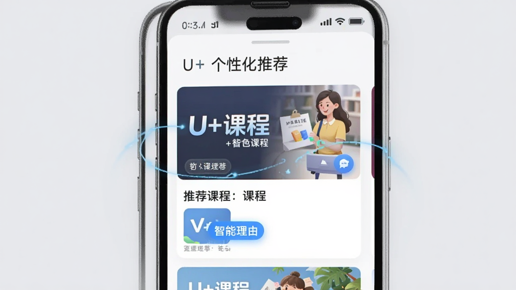 展示U+课堂智能推荐功能的界面截图,画面中手机屏幕显示个性化课程推荐列表,包含课程封面与推荐理由标签,背景为浅灰色,整体布局清晰,风格简约现代,突出智能匹配的特点,文字标签清晰可读,画质干净,无多余元素