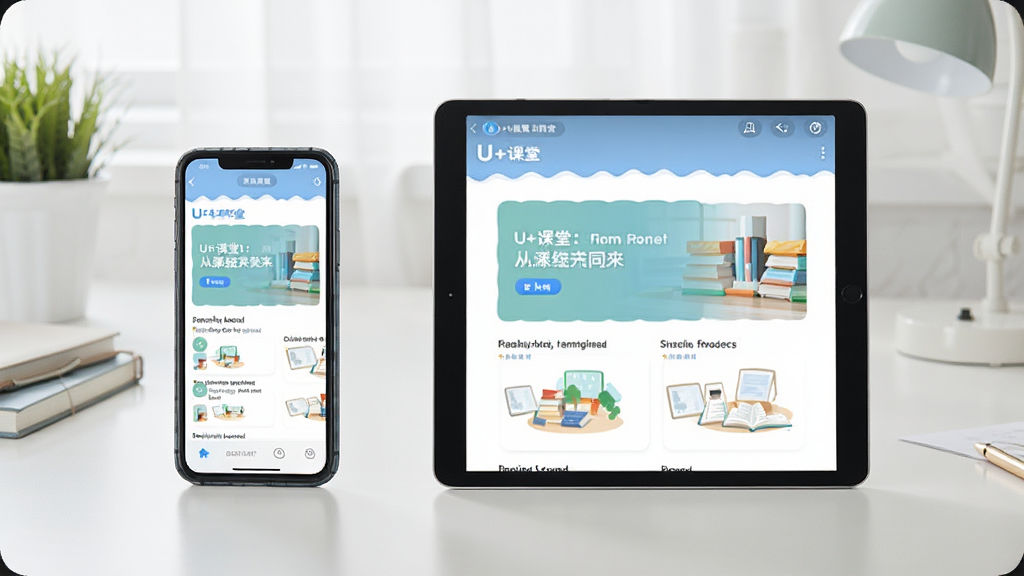 一张展示U+课堂在手机和平板上使用的场景图,画面左侧是手机,右侧是平板,屏幕均显示课程内容,背景为整洁的书桌,整体色调明亮,风格写实,突出多设备同步的特点,布局平衡,画质干净,无多余元素