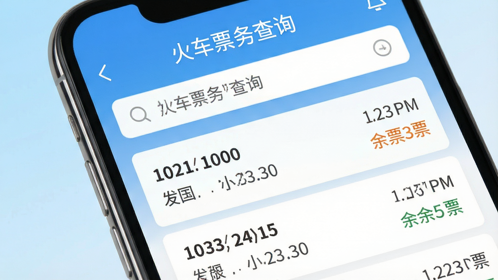 一张智能手机屏幕特写,屏幕占据画面主体,界面清晰显示“火车票务查询”APP的首页,顶部为搜索栏,下方列表展示多趟列车车次、出发到达时间及余票状态,背景为干净的浅蓝色渐变,整体布局简洁现代,UI设计风格扁平化,画质高清干净无多余元素