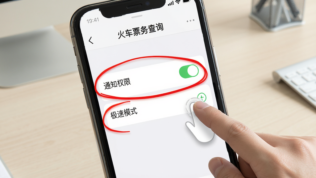 一张手机操作演示图,屏幕显示“火车票务查询”的设置页面,其中“通知权限”和“极速模式”两个选项被红色圆圈标记,旁边有手指点击的模拟手势,背景为浅色办公桌面,整体风格写实,画质高清干净