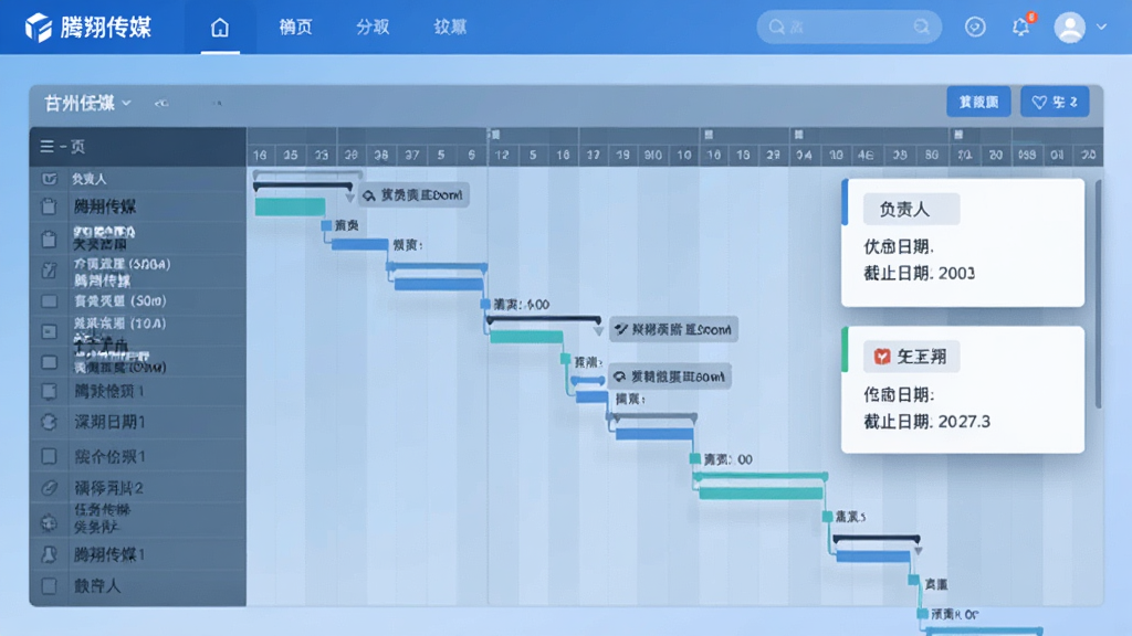 腾翔传媒项目管理界面截图,显示甘特图与任务卡片,卡片上标注负责人与截止日期,背景为浅蓝色渐变,界面采用卡片式布局,文字“腾翔传媒”出现在顶部导航栏,整体风格商务专业,高清晰度,干净整洁