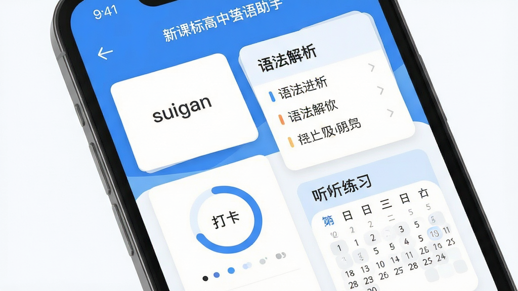 画面主体为“新课标高中英语助手”APP界面展示,一部智能手机屏幕占据画面中心,屏幕内清晰显示英语单词卡片、语法解析和听力练习模块,布局简洁明快,排版以蓝色和白色为主色调,风格扁平化设计,细节包含学习进度环和打卡日历,画质高清干净,无多余元素