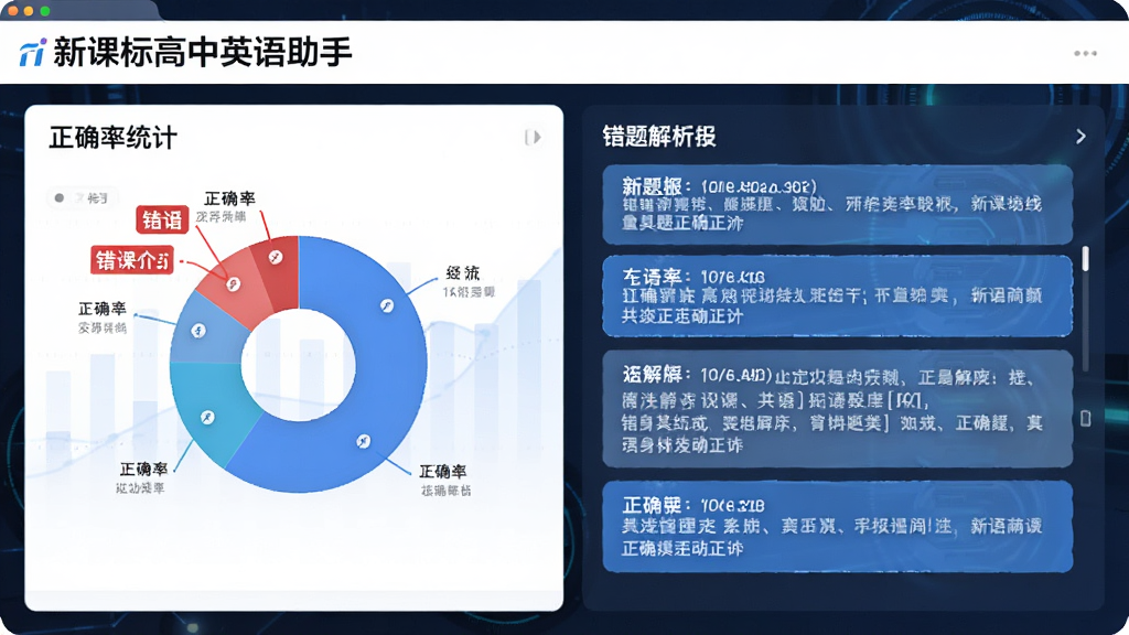 画面主体为“新课标高中英语助手”的练习结果分析报告页,展示正确率统计饼状图和错题解析列表,布局数据可视化排版,风格商务科技感,细节包括红色标错的题目和蓝色正确解析,画质清晰干净,无多余元素