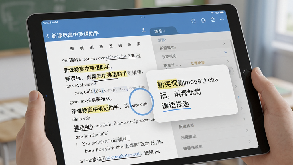画面主体为“新课标高中英语助手”在平板电脑上的运行界面,展示英语课本电子页面,点击句子出现中文释义弹窗,布局左右分栏,排版清晰,风格写实3D渲染,细节有高亮显示的单词和下划线标注,画质细腻干净,无多余元素