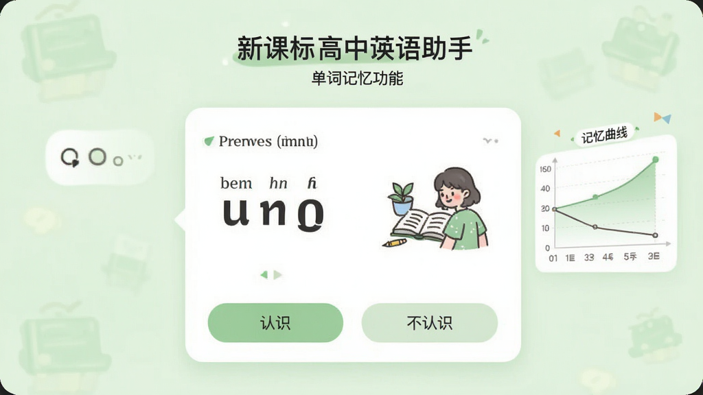 画面主体为“新课标高中英语助手”的单词记忆功能界面,中央展示一个带有音标和配图的单词卡片,下方有认识与不认识两个按钮,背景为淡绿色的护眼风格,布局居中,排版卡片式设计,风格清新简约,细节显示记忆曲线图表,画质柔和干净,无多余元素
