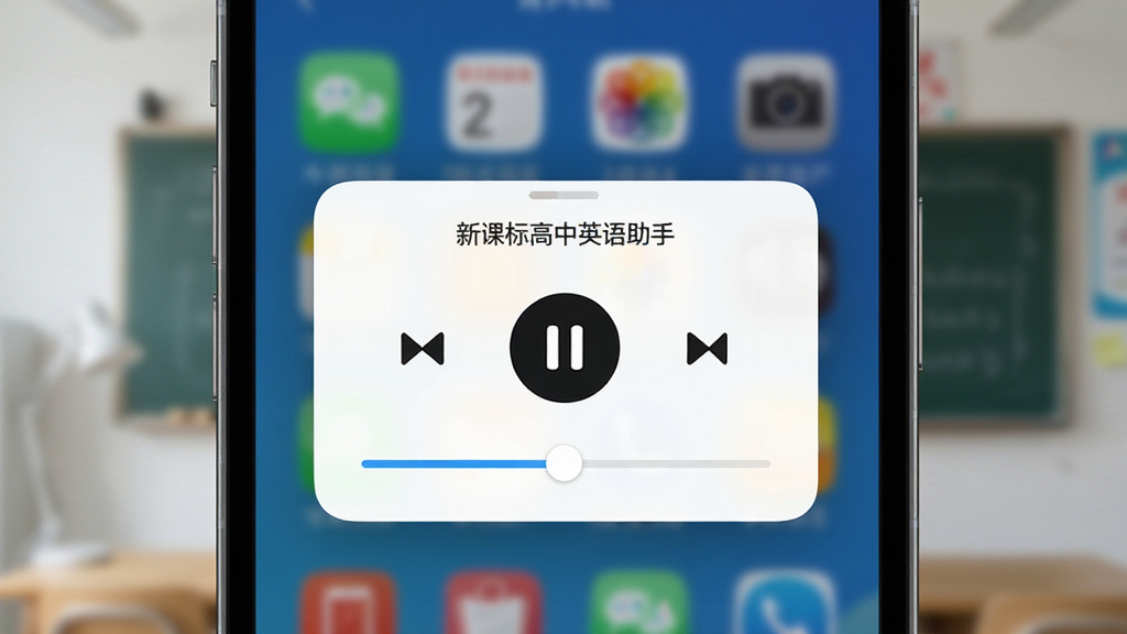 画面主体为“新课标高中英语助手”APP在手机后台运行的截图,展示悬浮窗播放控制面板,背景虚化,布局简洁,排版集中,风格实用主义,细节有播放/暂停按钮和进度条,画质清晰干净,无多余元素