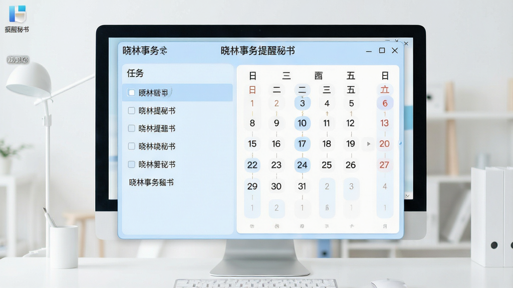 一张现代简约风格的电脑桌面截图,画面中央是晓林事务提醒秘书的主界面,淡蓝色窗口,左侧任务列表清晰排列,右侧为日历视图,整体色调清爽柔和,界面布局规整,突出“晓林事务提醒秘书”软件名称,画质干净,无多余元素