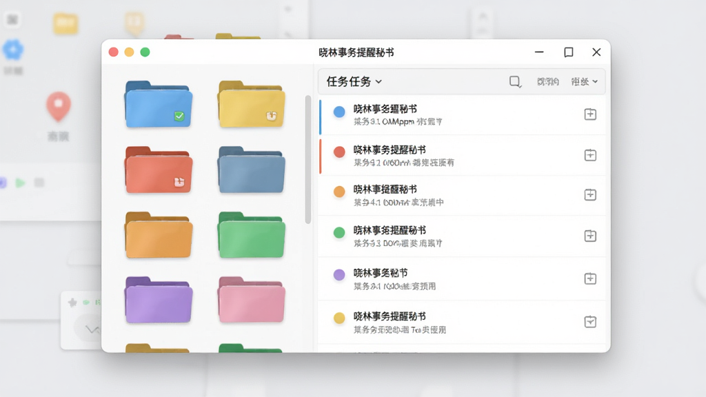 晓林事务提醒秘书的分类管理界面预览,画面中软件窗口内左侧显示多个彩色分类文件夹图标,右侧为任务列表,不同任务前有不同颜色的圆点标记,背景为浅灰色桌面,整体风格简洁明亮,突出分类功能,画质干净,无多余元素