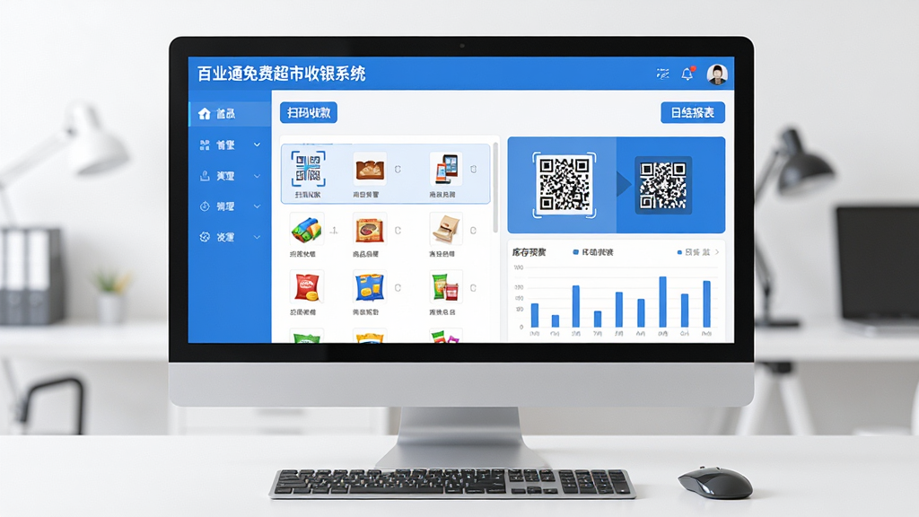主体:电脑屏幕中显示“百业通免费超市收银系统”的主界面,界面包含商品列表、收款二维码、销售图表;布局:左侧为功能导航栏,右侧为收银操作区,整体居中构图;排版:界面元素整齐排列,色彩以蓝白为主;风格:现代简约科技风,扁平化设计;细节:屏幕上有“扫码收款”“库存预警”“日结报表”等字样,键盘鼠标置于旁侧;画质:高清渲染,干净整洁,无多余元素